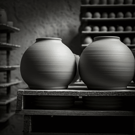Handcrafted ceramics on wooden racks, cinematic black and white